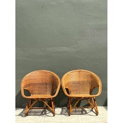 Vintage Woven Rattan Lounge Chairs - Pair