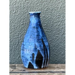 Vintage Blue Glazed Ceramic Vase