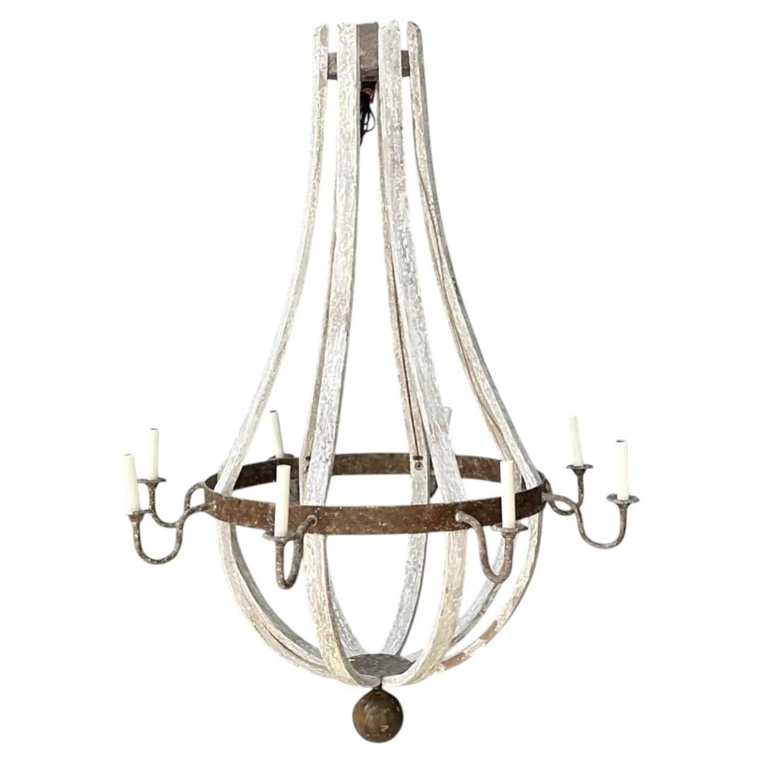Vintage Rustic Wood and Metal Chandelier For Sale