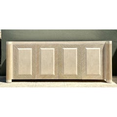Vintage Washed Pencil Reed Credenza With Travertine Top