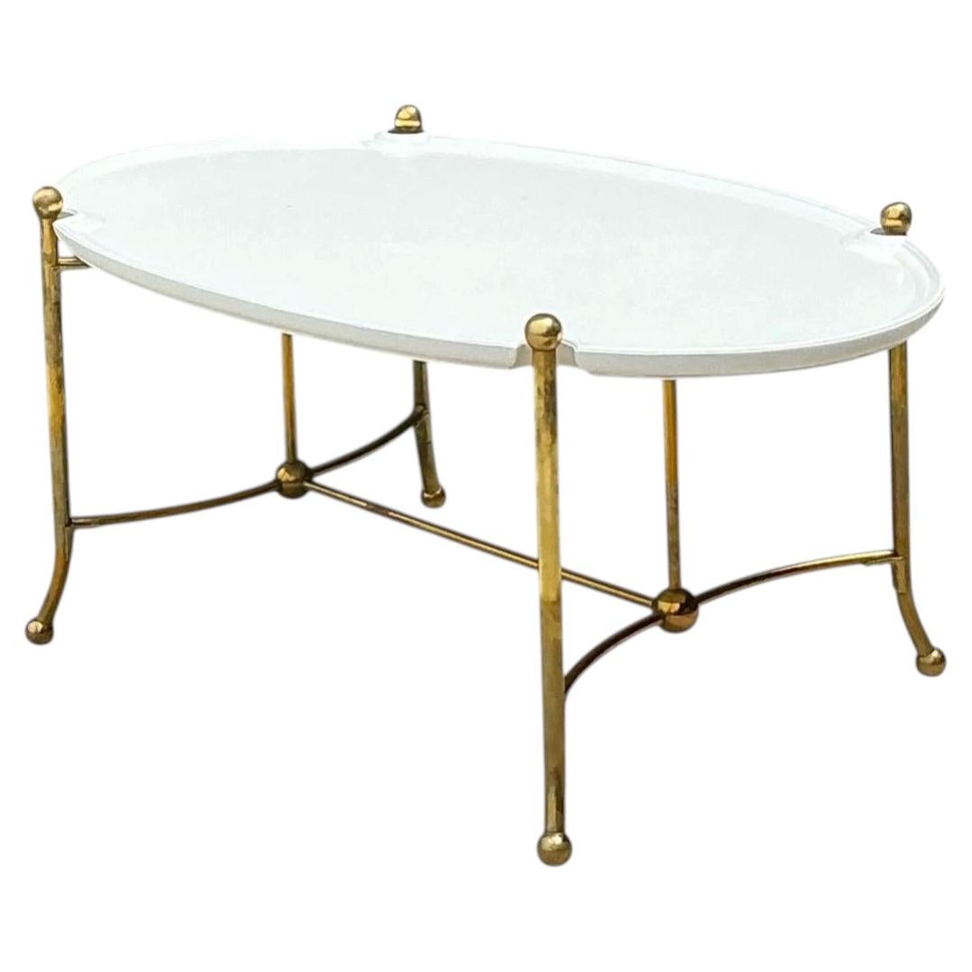Vintage Brass and Wood Oval Coffee Table