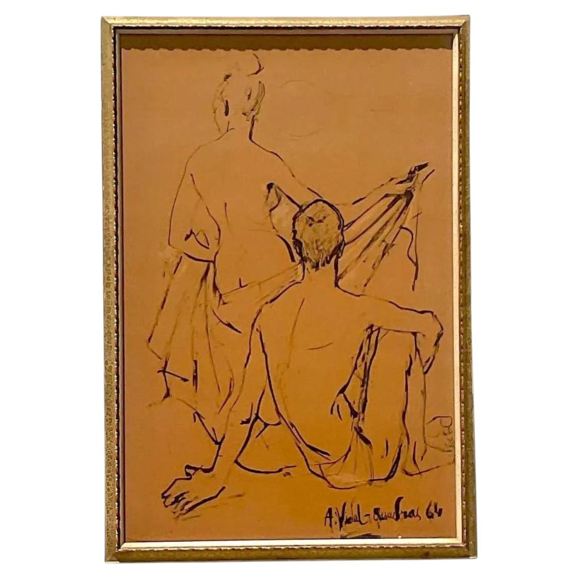 Vintage Boho Original Sketch on Paper