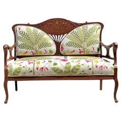 Vintage Carved Wood Settee with Embroidered Botanical Upholstery