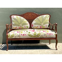 Vintage Carved Wood Settee with Embroidered Botanical Upholstery