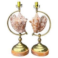 Vintage Brass and Wood Shell Lamps - Pair