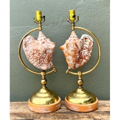 Vintage Brass and Wood Shell Lamps - Pair