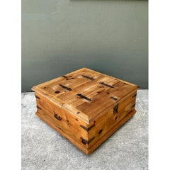 Vintage Rustic Wood Storage Coffee Table with Iron Hardware