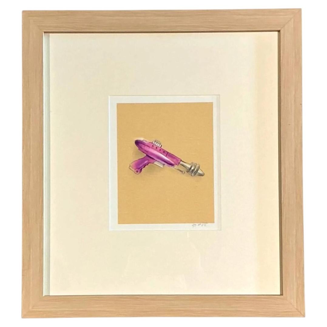 Vintage Framed Ray Gun Illustration on Paper Mid-Century Modern Pop Art