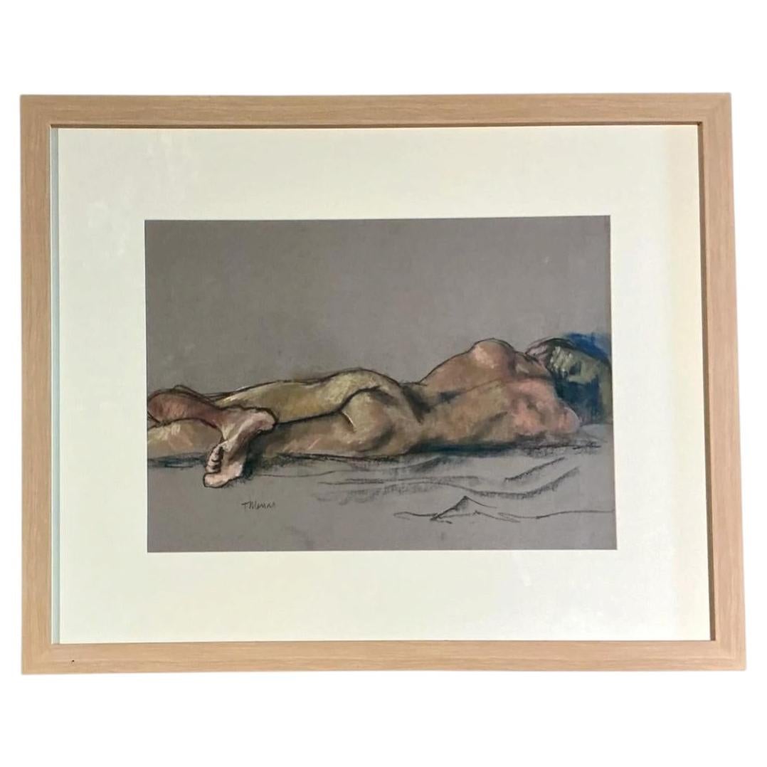 Vintage Framed Reclining Nude Pastel Drawing