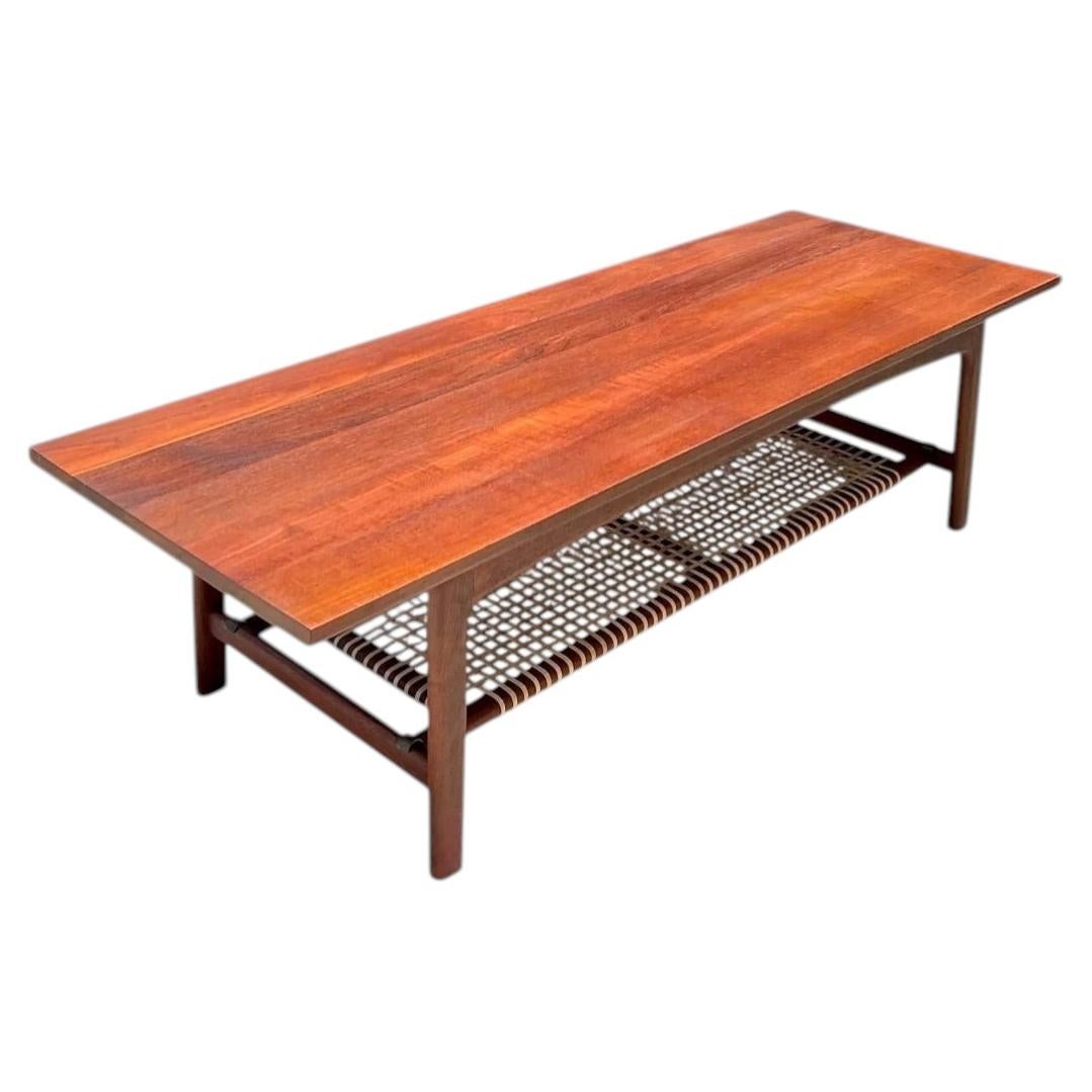 Vintage Swedish Dux Woven Leather and Teak Coffee Table For Sale