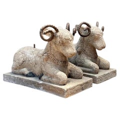 Vintage Plaster and Metal Ram Sculptures - Pair