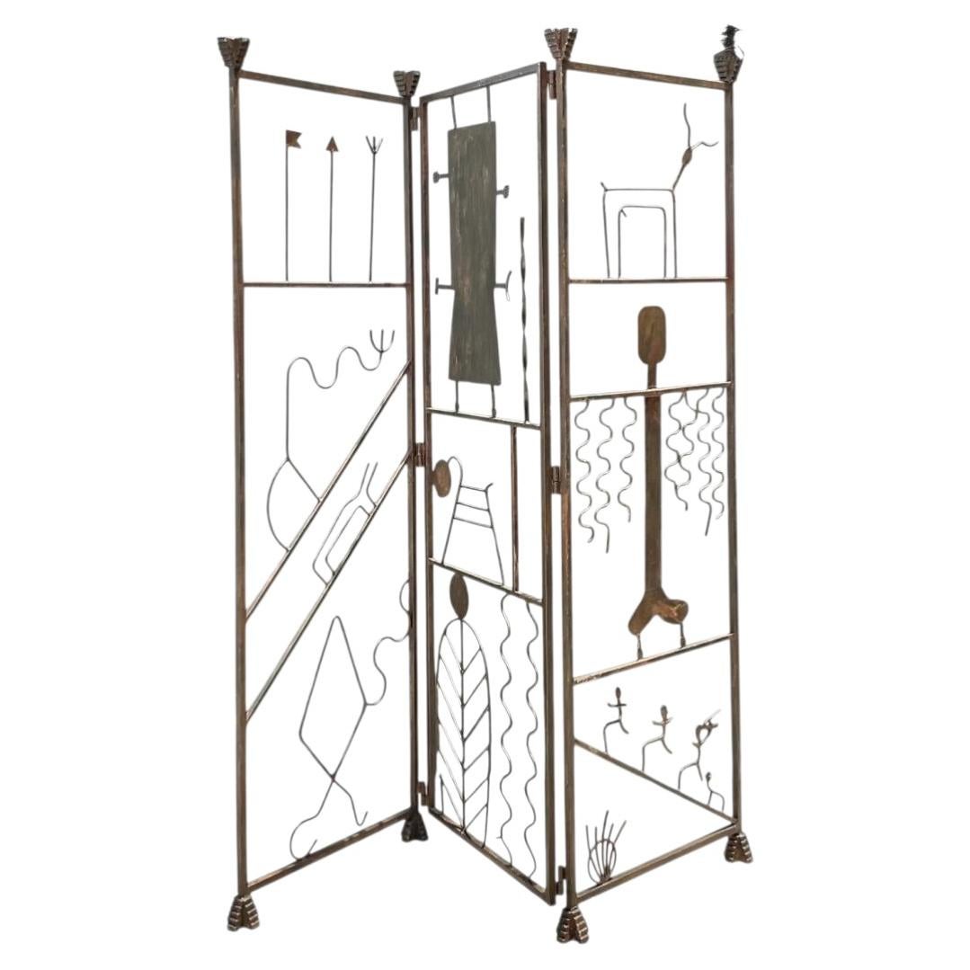 Vintage Iron Abstract Figurative Folding Screen For Sale