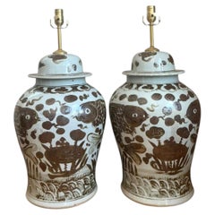 Vintage Hand-Painted Ceramic Ginger Jar Lamps - Pair
