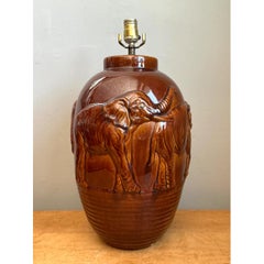 Vintage Brown Glazed Ceramic Elephant Lamp