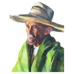 Vintage Framed Oil Painting of Man in Hat