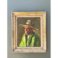 Vintage Framed Oil Painting of Man in Hat