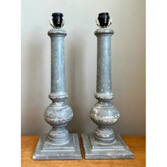 Vintage Distressed Wood Table Lamps - Pair