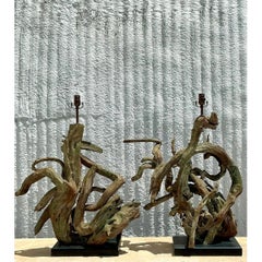 Vintage Boho Monumental Driftwood Lamps - A Pair