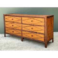 Vintage Diamond Rattan and Wood Six-Drawer Dresser