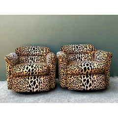 Vintage Leopard Velvet Swivel Chairs - Pair