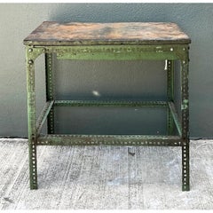 Vintage Industrial Metal and Wood Workbench Table