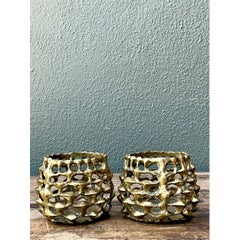 Vintage Brutalist Brass Candle Holders - Pair