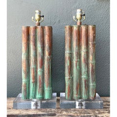 Vintage Faux Bamboo Lamps On Lucite Plinth - A Pair