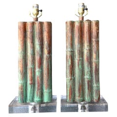 Vintage Faux Bamboo Lamps On Lucite Plinth - A Pair