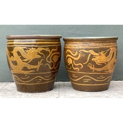 Vintage Chinese Dragon Motif Ceramic Planters - Pair