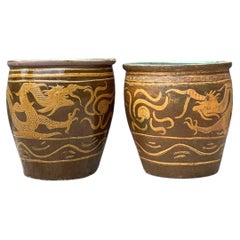 Vintage Chinese Dragon Motif Ceramic Planters - Pair