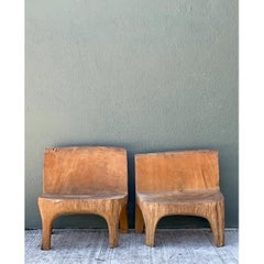 Vintage Carved Wood Low Stools - Pair