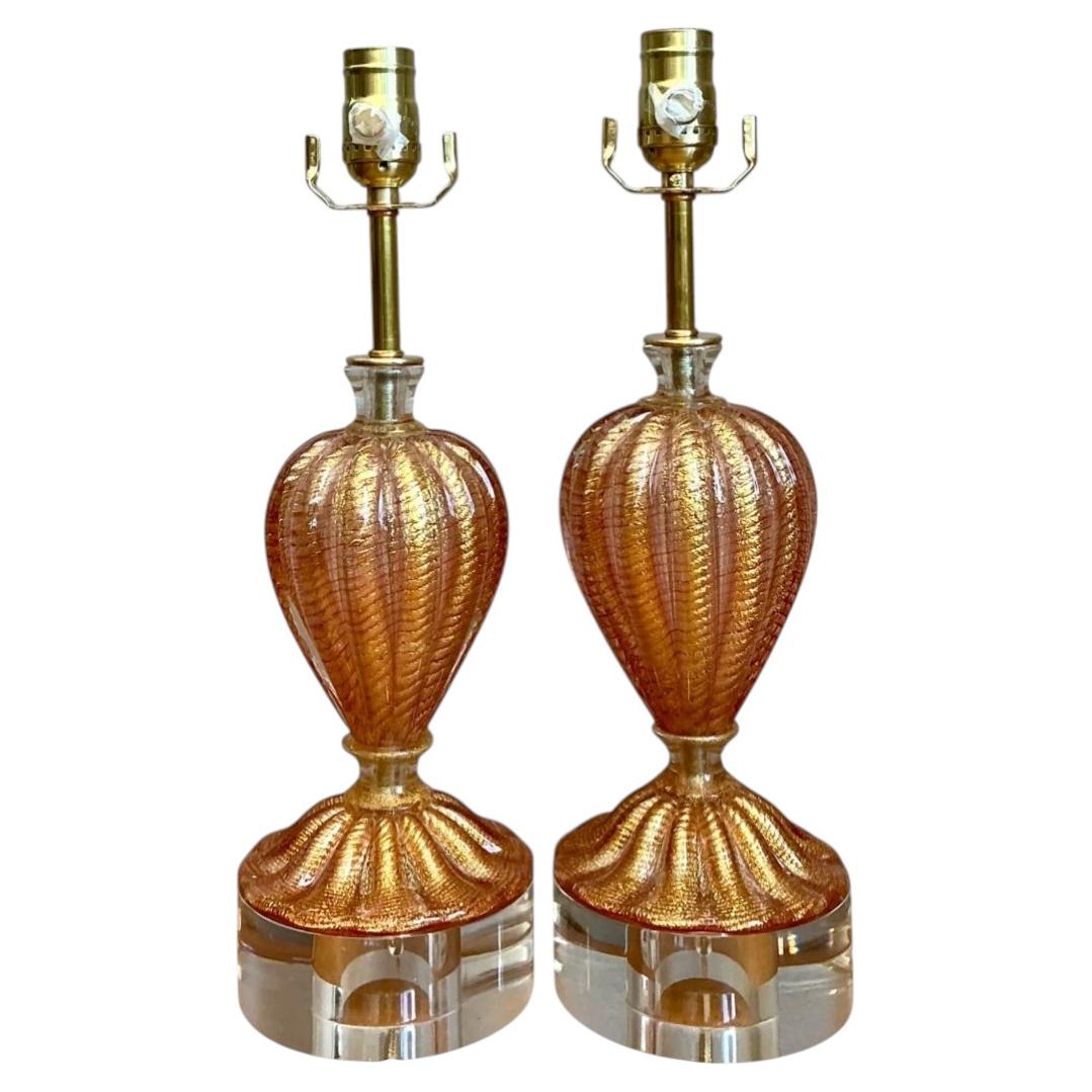 Vintage Murano Glass Lamps with Lucite Bases - Pair For Sale