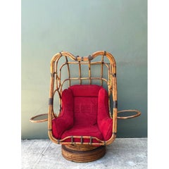 Vintage Bent Rattan Swivel Lounge Chair With Flip Down Side Tables