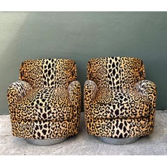 Vintage Leopard Print Velvet Swivel Chairs - A Pair