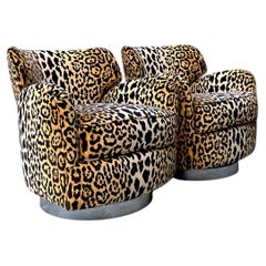 Vintage Leopard Print Velvet Swivel Chairs - A Pair