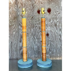 Vintage Coastal Wrapped Pencil Reed Column Lamps - a Pair