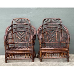 Vintage High Back Brighton Rattan Lounge Chairs - A Pair