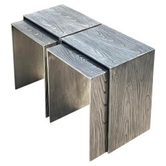 Vintage Wood Grain Metal Nesting Tables - Set Of 4