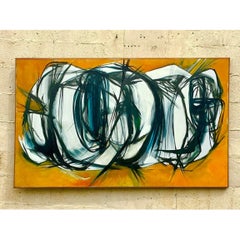 Late 20th Century Vintage Boho Original Abstract Oil Painting on Canvas