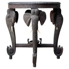 Vintage Carved Wood Elephant Inlay Side Table