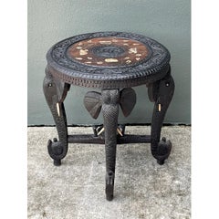 Vintage Carved Wood Elephant Inlay Side Table