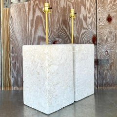 Vintage Coastal Large Coquina Stone Block Lamps - a Pair