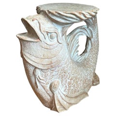 Vintage Washed Ceramic Koi Low Stool