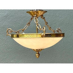 Vintage Metal and Glass Greek Key Pendant Light