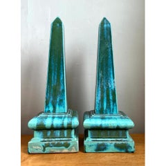 Vintage Blue Glazed Ceramic Obelisks