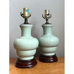 Vintage Celedon Crackle Glazed Ceramic Table Lamps