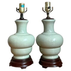 Vintage Celedon Crackle Glazed Ceramic Table Lamps