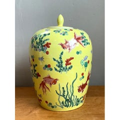 Vintage Yellow Ceramic Fish Motif Jar