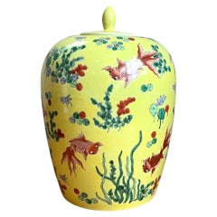 Vintage Yellow Ceramic Fish Motif Jar