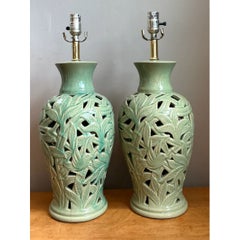 Vintage Celadon Pierced Ceramic Lamps